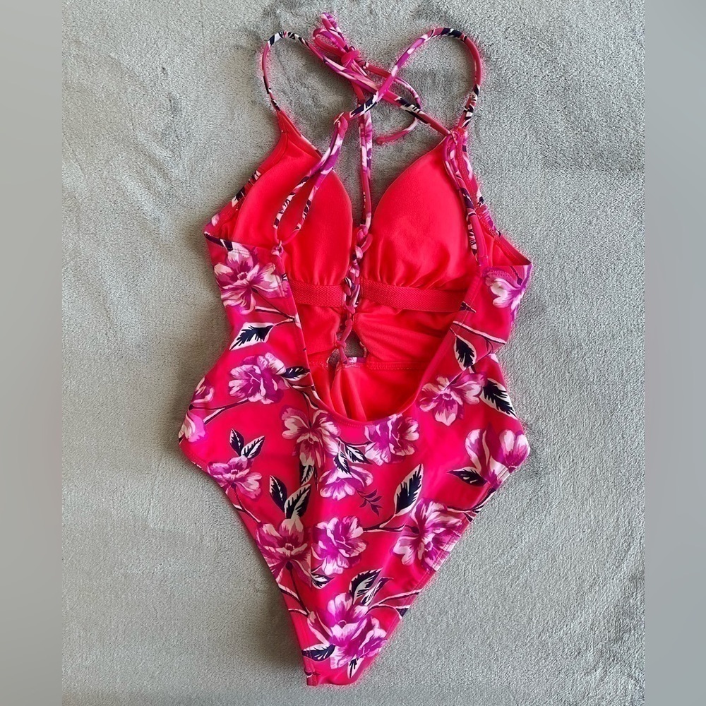Xhilaration One Piece Swimsuit Medium Red Floral Lace Up Front - Picture 4 of 7